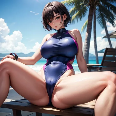 woman with short hair and big breasts Flashy swimsuit, sitting with legs spread open