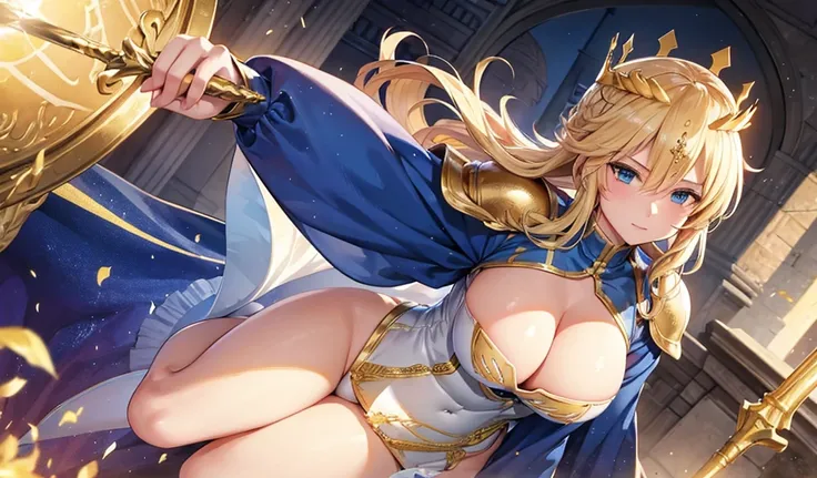 Blonde adult woman，Golden Crown，large cape，white armor，cleavage，Blue jumpsuit，thigh，spear，palace，castle