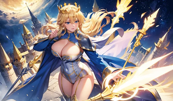 Blonde adult woman，Golden Crown，large cape，white armor，cleavage，Blue jumpsuit，thigh，spear，palace，castle