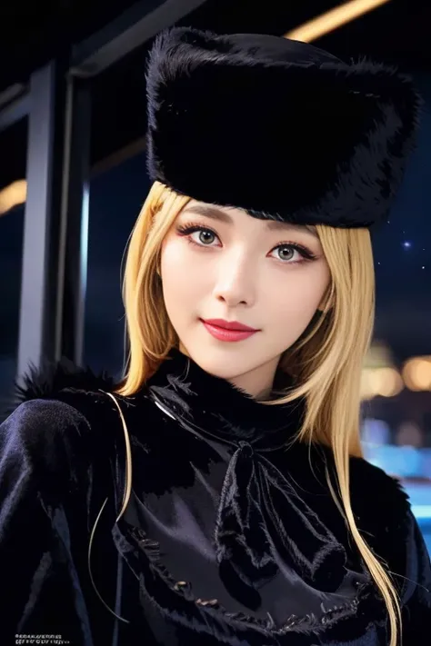 Maetel, Long Hair, Blonde,Fur trim, Black Hat, Fur hat, dress,(Cowboy Shot:1.1), Yellow Eyes, (luggage:1.1), vapor (station:1.1),stationのプラットホーム,  night, Milky Way,999 Best Quality, Very detailed, masterpiece, Absurd,8k,   (Detailed eyes, Deep Eyes),photoR...