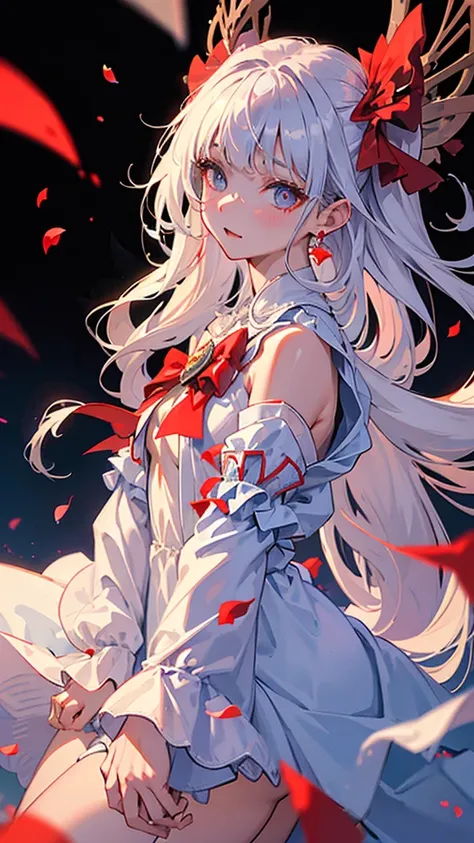 (best quality)), ((masterpiece)), (detailed), ,shawl,, Falling petals, White long hair,Dress，Jacket Windbreaker， masterpiece, Red bow, , Separate sleeves,, Falling petals, Beautiful and delicate eyes, Fireworks, Red pupil