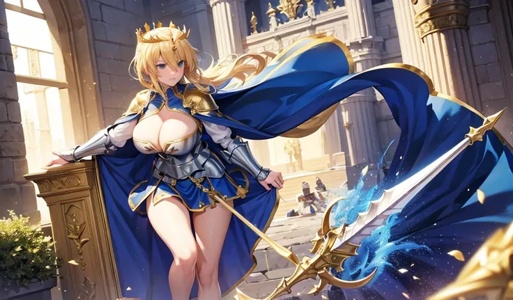 Blonde adult woman，Golden Crown，large cape，white armor，cleavage，blue skirt，thigh，spear，palace，castle