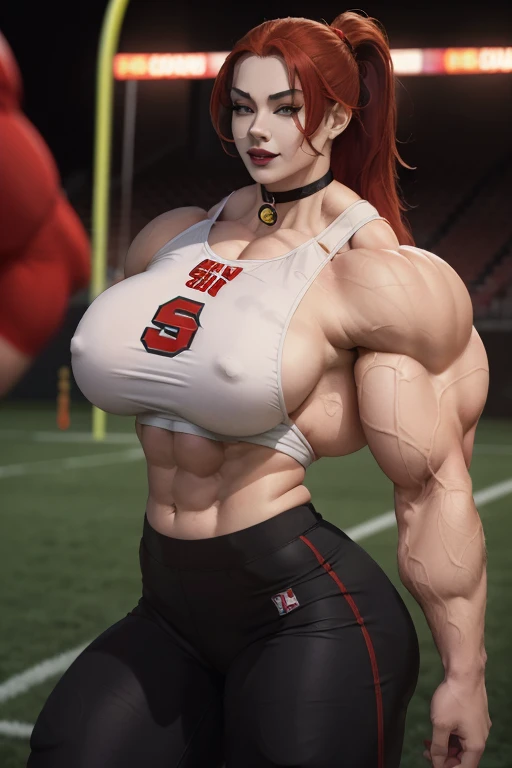 ((Close-up)), tall, (red hair) beautiful muscular asian woman, long hair, pale white skinned, closed smile, large breast, (black lipstick), (massive muscles), (hyper muscle), ((ginormous bulky muscles)), yellow eyes, ((red football Jersey)), (football jers...