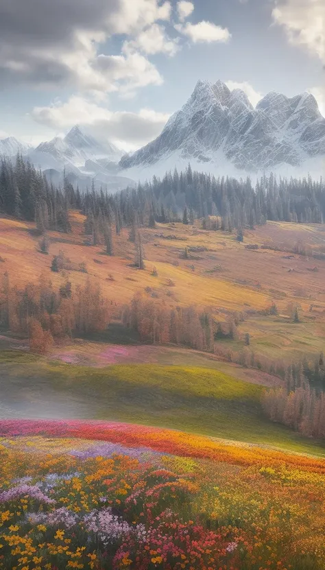 flower field with butterflies and snowy mountains and a partly cloudy day, beautiful view, overview