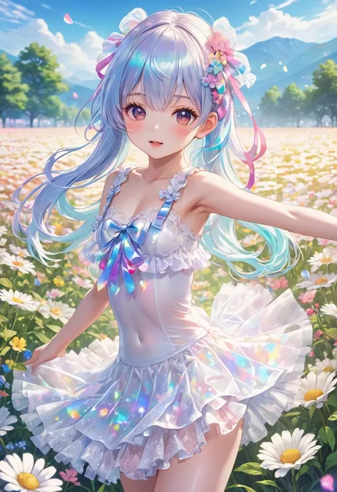 Holographic color hair、White lace underwear、Lots of ribbons and frills、Flower Field、Kindergarteners、Small breasts、Highest quality, masterpiece, Highest quality, High resolution, 8k, 超High resolution, Place your arms behind your back, Hide your arms behind ...