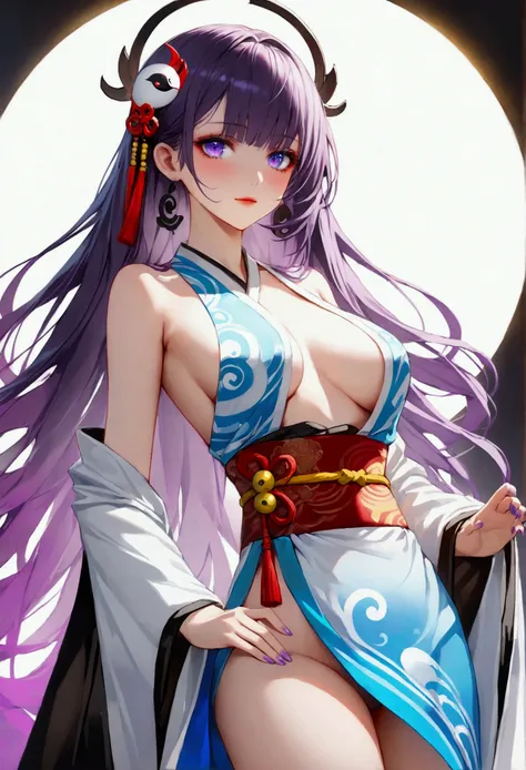 A young woman with long purple hair upto waist, purple and blue gradient eyes with vibrant luminous hues, fair skin tone,ying yang robes, (perfect body), (detailed eyes) (masterpiece), (best quality), (ultra-detailed), (2.5d) 