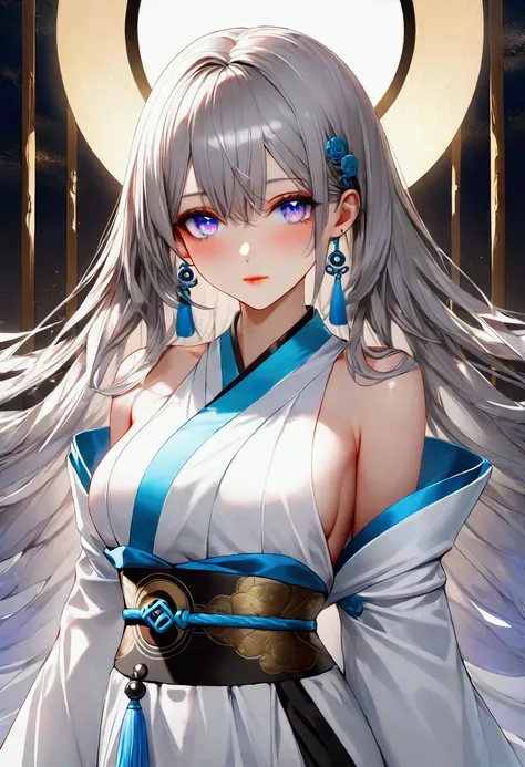 A young woman with long grey hair upto waist, purple and blue gradient eyes with vibrant luminous hues, fair skin tone,ying yang robes, (perfect body), (detailed eyes) (masterpiece), (best quality), (ultra-detailed), (2.5d) 