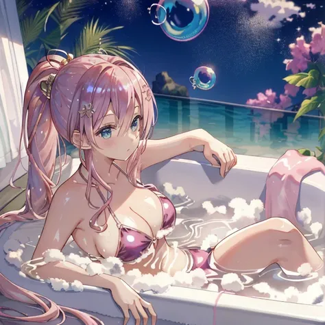 ((masterpiece)),((Dynamic Angle)),((Take a bubble bath:1.3)),((Lying)),((metallic pink bikini)),One girl, Long Hair, ponytail, (pale pink hair),Embarrassing, Aqua Eye,Large Breasts,15 years old,night,pink room,Fantasy Bus,flower,pink,