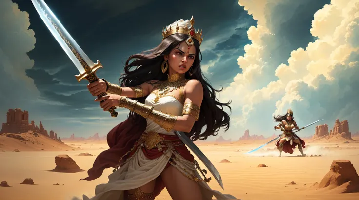 A digital illustration of a furious queen fighting off monsters with a grand sword in a desert settings with enemies and dark clouds in the background. She is wearing traditional Indian queen outfit