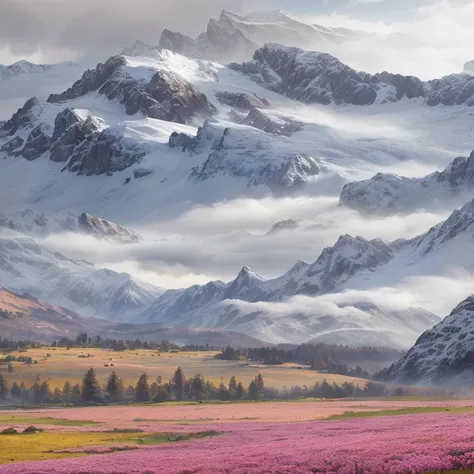 snow-capped mountains and pink flowers in a field, ryan dyar, snowy mountains, Alps, mountainous landscape, Cloudy mountains, silvain sarrailh, snowy peaks, matte painting 4k, Jessica Rossier fantasy art, Marcos Adams, matte painting 4k 8k, Highly detailed...