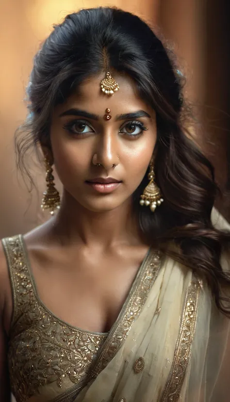 a beautiful mysterious indian woman, intricate detailed face, piercing eyes, long eyelashes, delicate skin, natural beauty, flow...