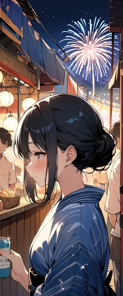 (((masterpiece))),(((Highest quality))),((Very detailed)),Side view,night,stall,Summer festival,landscape,firework,friend,yukata,16 year old girl with black hair,8k, Super Detail,(10 meters away),Particles of light,The whole scene is shining&#39;S