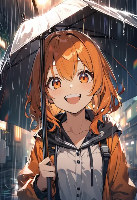 Anime girl orange hair, smiling mouth open, raining, hd,