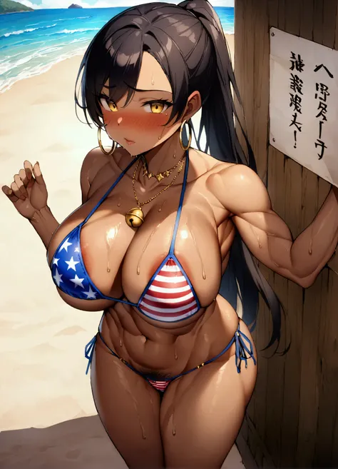 Score_9、Score_8_up、Score_7_up、source_アニメ、High definition、Detailed face、((Big Breasts))、Abdominal muscleirabelle Bell、Long Hair、Black Hair、Yellow Eyes、(Dark Skin)、Dark Skinの女性、ponytail、necklace、Toned body、Muscular woman、((AMERICAN FLAG BIKINI))、Micro Bikini...