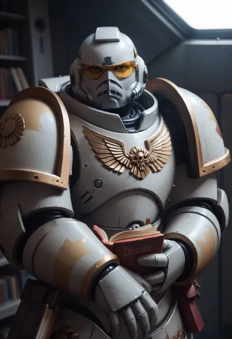 digital art of primaris space marine squardon, Silver and gold armor, (yellow lenses), Cinematic, Book Cover art