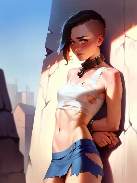 score_9, score_8_up, score_7_up, score_6_up, score_5_up, score_4_up, rating_questionable, pale  young sex slave with short chin-length hair, post-apocalyptic, wearing a slave collar and shackles, (((hands behind her back))), (((wearing a crop top and torn ...