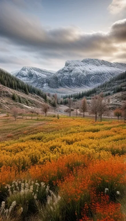 flower field with butterflies and snowy mountains and a partly cloudy day, beautiful view, overview