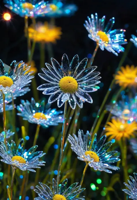 Crystal Fantasy, daisies, large bells, color, toe up, neon, Countless crystal feathers flutter in the air, Fantasy, galaxy, transparent, shallow depth of field, nefritovoe boke, Sparkling, Sparkling, deafening, colorful, magic photography, dramatic lightin...