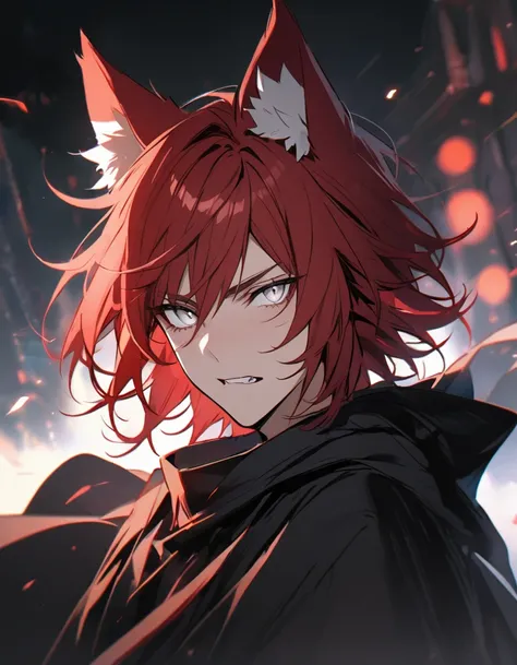 man, red hair, white eyes, black robe, wolf ears