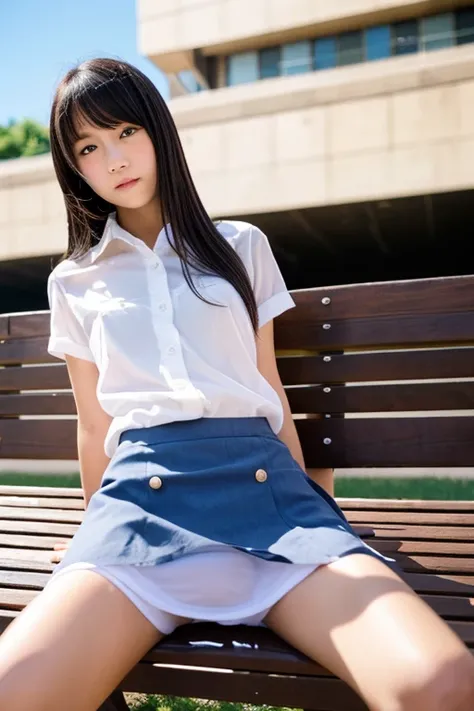 (Browsing Caution), (masterpiece), (High resolution), (Highest quality). Japanese junior high school girls、sit on a bench at the station、A melancholic look、Throw your feet forward、Lean back、Anatomically correct、beautiful girl、Spread your legs、Sheer white s...