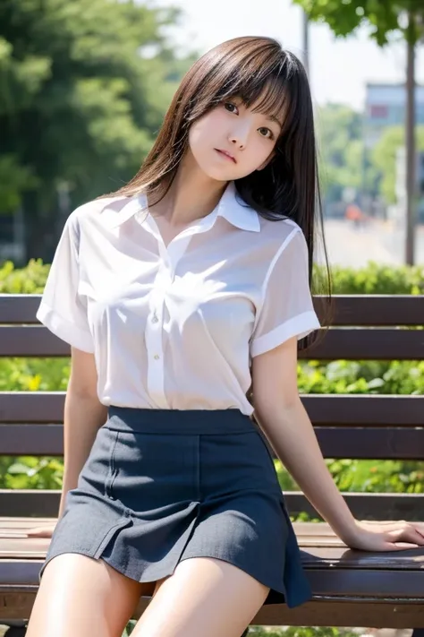 (Browsing Caution), (masterpiece), (High resolution), (Highest quality). Japanese junior high school girls、sit on a bench at the station、A melancholic look、Throw your feet forward、Lean back、Anatomically correct、beautiful girl、Spread your legs、Sheer white s...