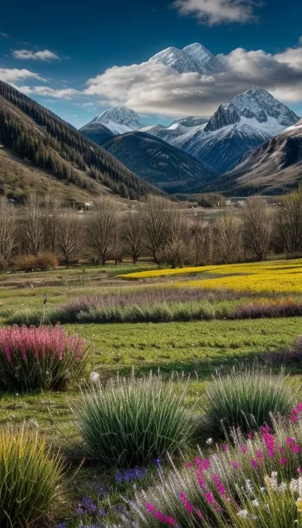 flower field with butterflies and snowy mountains and a partly cloudy day, beautiful view, overview