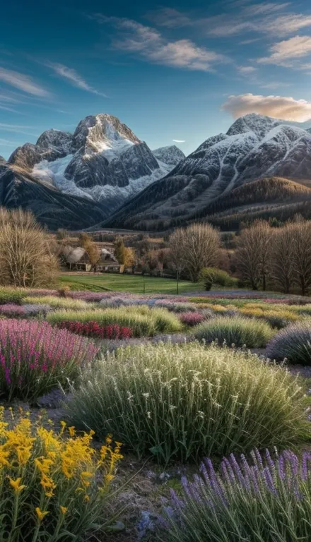 flower field with butterflies and snowy mountains and a partly cloudy day, beautiful view, overview