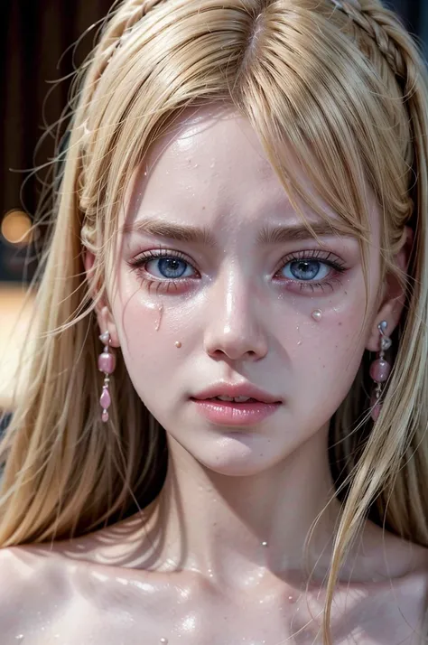 blonde hair, tears, pink eyes, earrings, nosebleed, clenched teeth, blush, pain, crying, UHD, retina, masterpiece, accurate, anatomically correct, textured skin, super detail, high details, high quality, award winning, best quality, highres