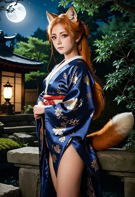 realistic, analog photo, Masterpiece, RAW photo, full-length portrait, hyper realistic, ultra detailed image, Kizune, (mythical Creature of Japanese Mythology And Folklore), detailed portrait of anthropomorphic she-fox, with fox tail, in traditional japan ...