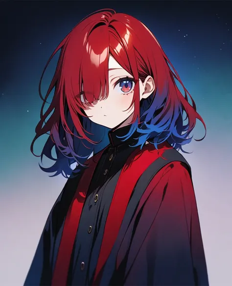 Her hair color is a gradation from red to indigo.、The right eye is green、Left eye is red、Wearing neat and clean clothes、1 person、Androgynous appearance