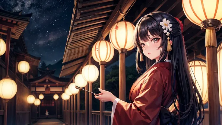 One girl, Black Hair, Brown eyes, Wearing a beautiful Japanese kimono, Princess Kaguya,hair ornaments, Bamboo grove, View your viewers, night, star (null), Ruffle sleeves, null, night, High resolution, Super sharp, 8k, masterpiece