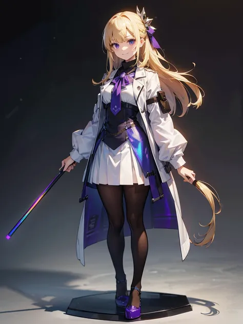 Pee, squat, hands on knees,Highest quality,((Highest quality)),((Tabletop)),((Perfect Face)),1 girl.White and purple dress,White jacket,With a cane,armsを持っている,The flames flicker,blonde,Purple eyes,smile,beauty,((Holographic)),(masterpiece:1.2, Highest qual...