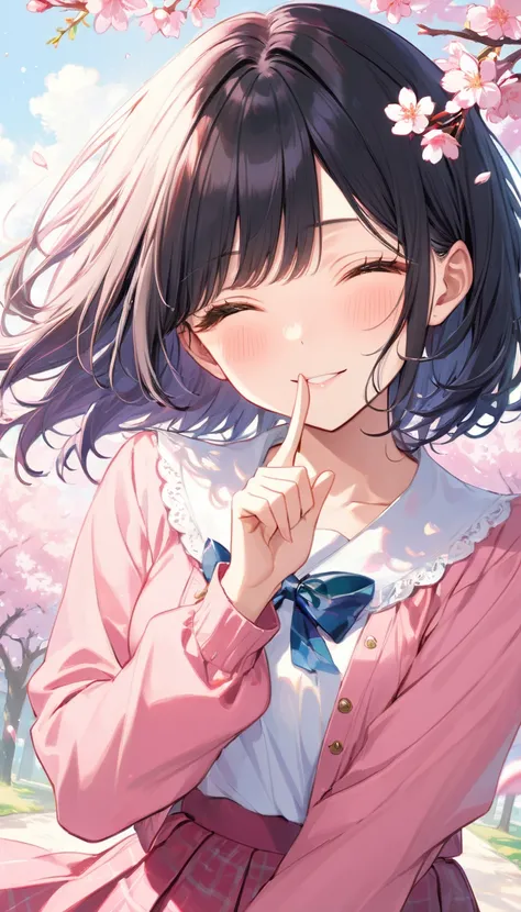 at Meadow with cherry blossoms blooming ,masterpiece、Highest quality、Black Hair、[Freckles on face]、White blouse、Pink flared skirt、Pink Bolero,Putting index finger on lips, mischievously,close one eye