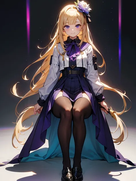 Wearing black tights,squat, hands on knees,Highest quality,((Highest quality)),((Tabletop)),((Perfect Face)),1 girl.White and purple dress,White jacket,With a cane,armsを持っている,The flames flicker,blonde,Purple eyes,smile,beauty,((Holographic)),(masterpiece:1...