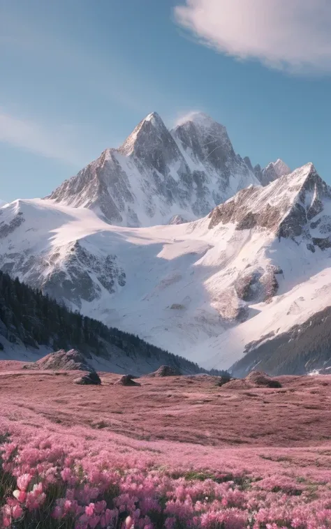 snow-capped mountains and pink flowers in a field, ryan dyar, snowy mountains, Alps, mountainous landscape, Cloudy mountains, silvain sarrailh, snowy peaks, matte painting 4k, Jessica Rossier fantasy art, Marcos Adams, matte painting 4k 8k, Highly detailed...