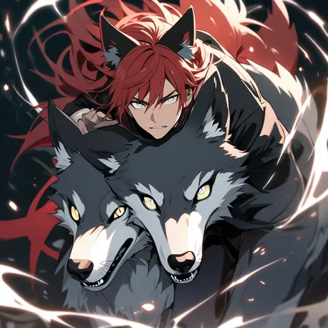 man, white eyes, red hair, black ears wolf