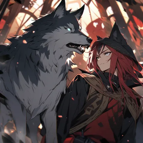 man, white eyes, red hair, black ears wolf