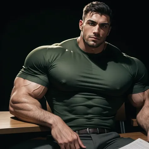 a very handsome young man with green eyes, massively muscular, with massively large muscles, with massively large biceps, with massively large arms, wearing a gray shirt, sitting at an interrogation table on a very dark black background