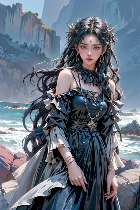 A striking portrait of a young woman exuding a saturnine-coastal-witch aesthetic. She is dressed in dark, flowing clothing with layers of lace and fabrics. Her hair is a cascade of dark locks, framing her mysterious face. Adorned with silver jewelry and a ...