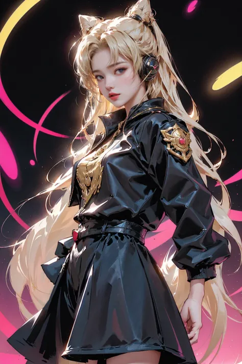 A highly detailed, visually striking digital illustration of a young female character with long, flowing golden hair wearing headphones. She has an intense, focused expression as she listens to music, dressed in a black jacket against a vibrant, abstract b...