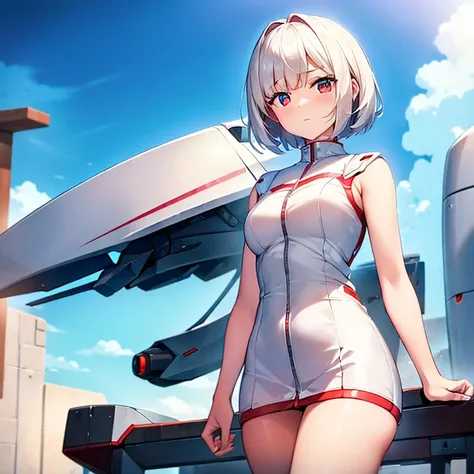 (girl)(white short hair)(red eyes)(whole body)(Driving a mecha)4K