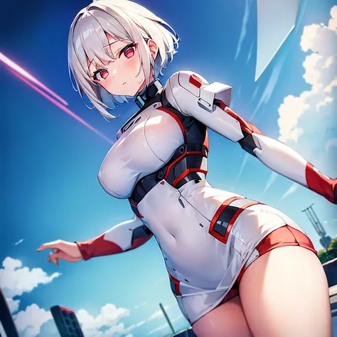 (girl)(white short hair)(red eyes)(whole body)(Driving a mecha)4K