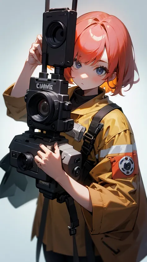 camera,girl,stand,Clear background,Holding a camera