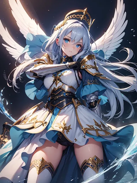 Girl with blue eyes and silver hair wearing plate armor and wielding a longsword with white angelic wings on her back and a golden halo above her head