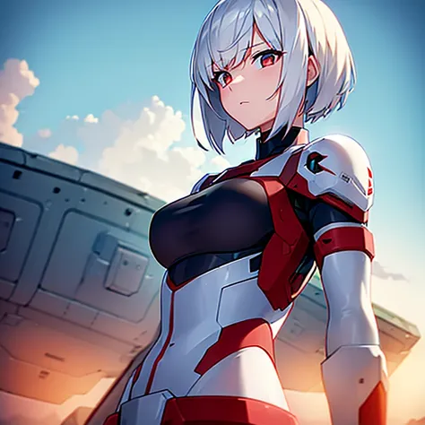 (girl)(white short hair)(red eyes)(Driving in the mecha)(fighting)4K