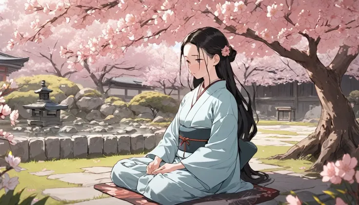 (masterpiece, best quality:1.2)Tanjiro Kamado from Demon Slayer meditating under a cherry blossom tree in a traditional Japanese garden, wearing a light blue kimono. Nezuko is sitting nearby, practicing deep breathing exercises, both surrounded by the beau...