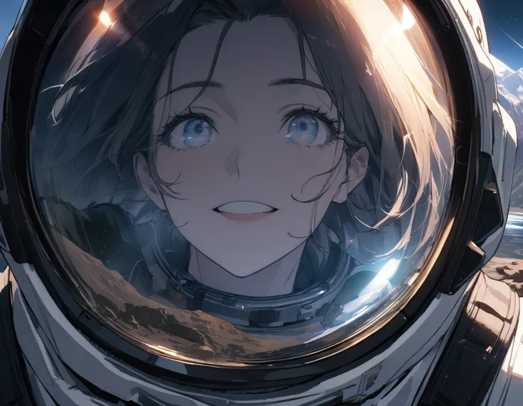 1girl, solo, mature female, syfyeye1, astronaut, spacex, spacesuit, glass reflection, refraction, eye reflection, portrait, look...