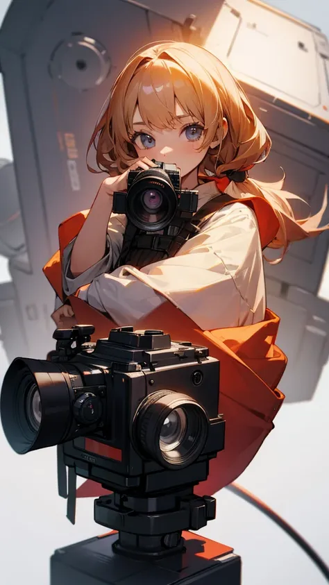 camera,girl,stand,Clear background,Holding a camera