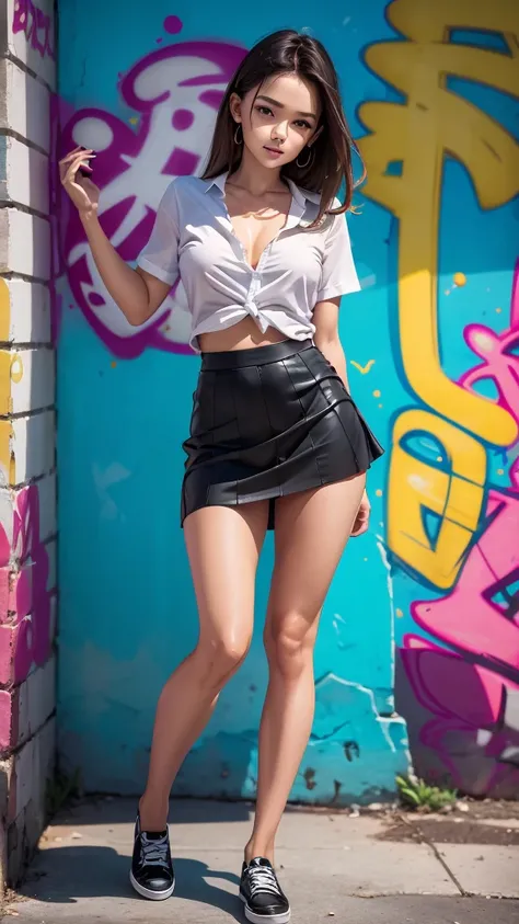 Change urban style background, skate, Graffiti, beautiful woman, realistic face (Krisslove), Whole body, short skirt, unbuttoned blouse, 8k, in the background a (graffiti 3D) drawn on the wall with the word, Text: "JAHZ" , (graffiti 3D2) realistic face (Kr...