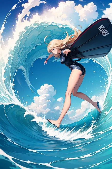 Female surfer riding a wave in the ocean early in the morning、surfing、  big wave surfing、Tube Wave、surfing photos、Extreme Sports Photography、(Highest quality, masterpiece, High resolution)、8k、wallpaper